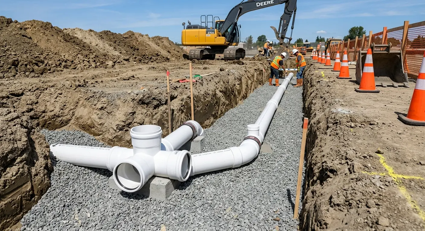 New PVC sewer pipe installation in open trench for Sewer Backup in Roxbury