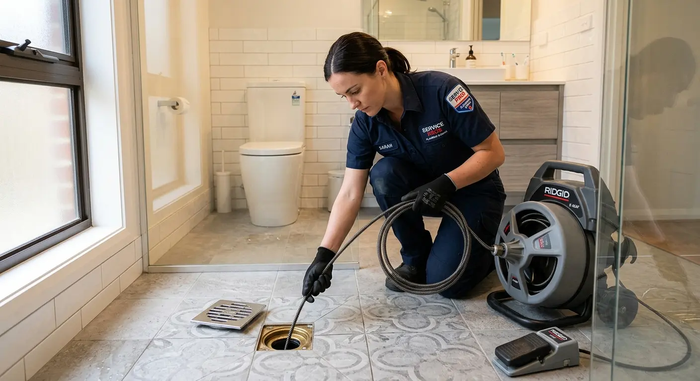 Technician clearing a bathroom floor drain for Sewer Line Replacement in Roxbury